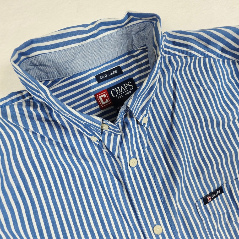 Chaps Mens Easy Care Blue White Striped Button Down Shirt Large L Long Sleeve